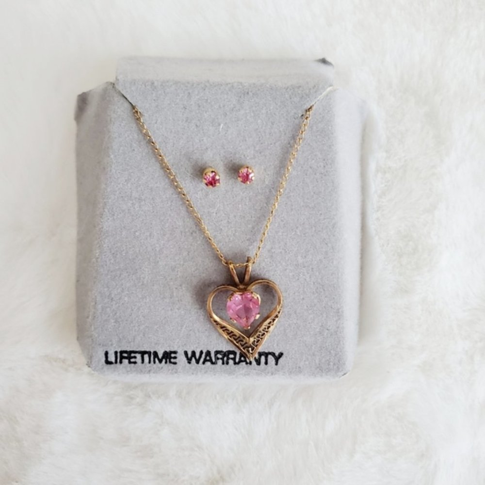 Gold Heart Necklace & Pink Gemstone Earrings Set